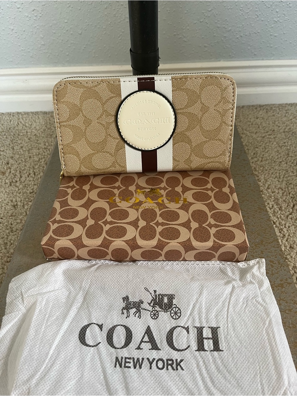Coach Signature Zip Wallet in Beige with White and Brown Stripe